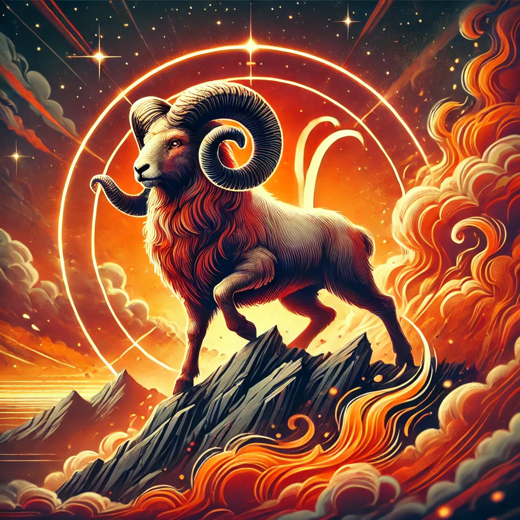 DALL·E 2024 12 10 01.42.21 An artistic and detailed illustration of a confident Aries Koc zodiac sign representation. A dynamic and fiery scene showing a ram standing atop a r