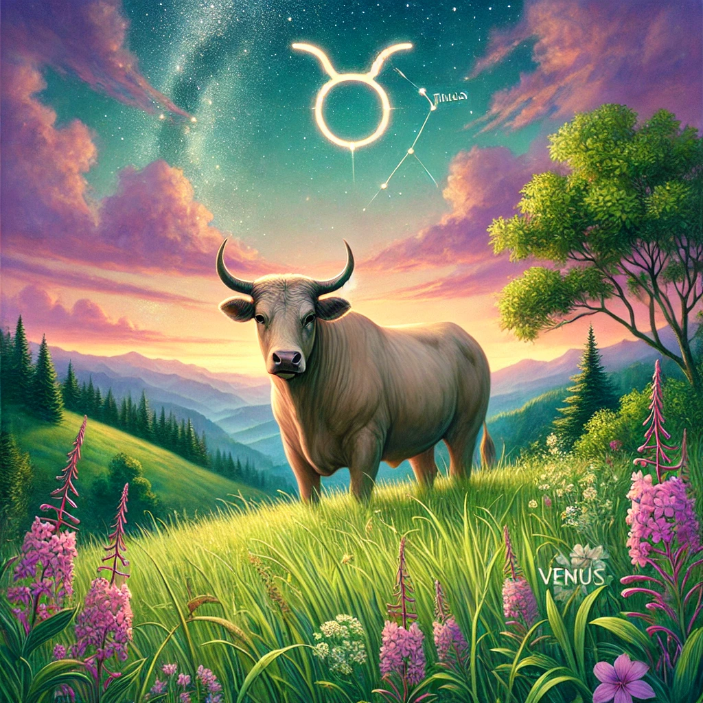 DALL·E 2024 12 10 01.46.56 An artistic illustration depicting the essence of Taurus zodiac sign  a serene and grounded bull standing in a lush green meadow under a twilight sky