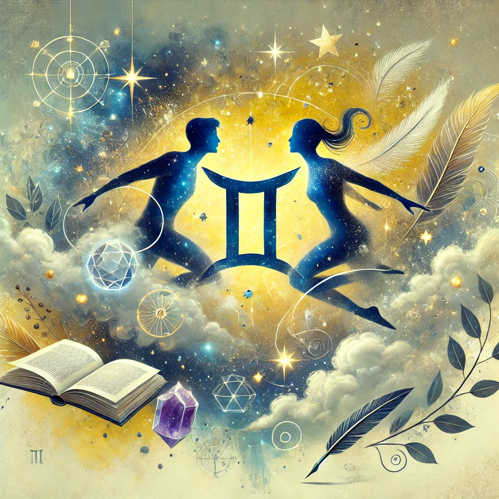 DALL·E 2024 12 10 01.49.57 A modern artistic depiction of Gemini zodiac sign featuring a celestial background with soft yellow and blue tones. Two interconnected figures repres