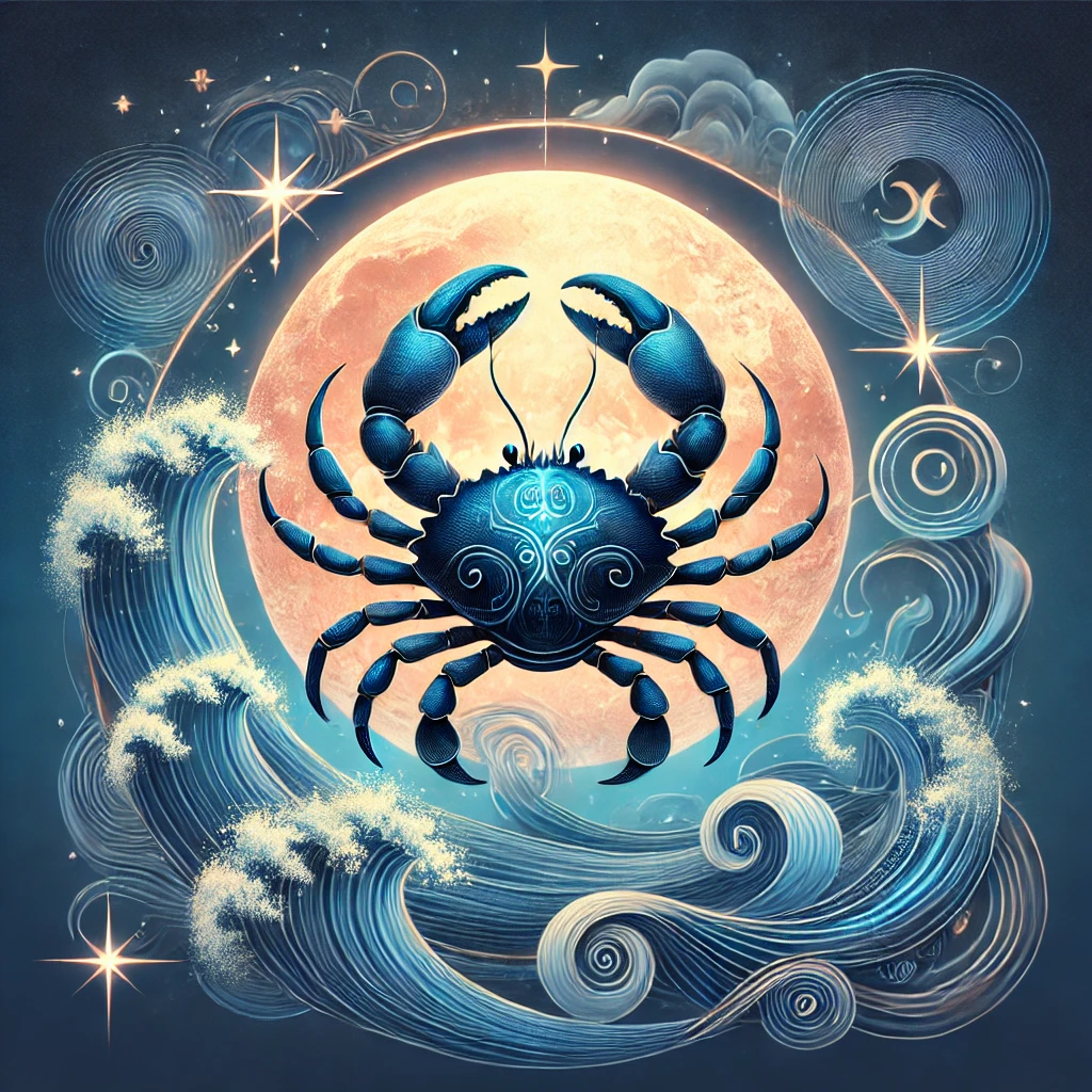 DALL·E 2024 12 10 01.54.15 A serene and artistic depiction of the Cancer zodiac sign Yengec burcu showcasing its emotional and protective qualities. The illustration includes