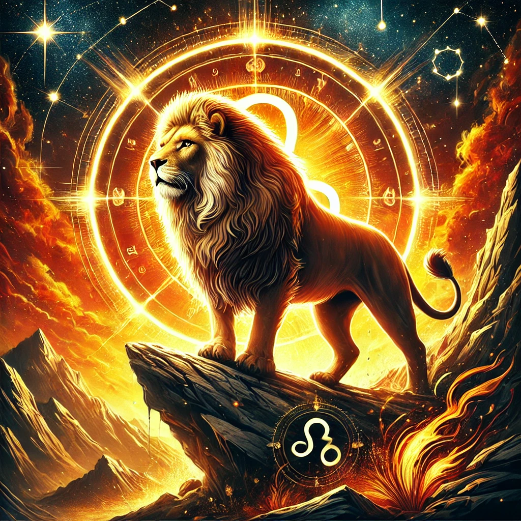 DALL·E 2024 12 10 01.57.28 An artistic representation of the Leo zodiac sign. The scene features a majestic lion standing proudly on a rocky cliff bathed in golden sunlight wi