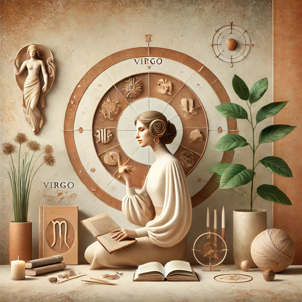 DALL·E 2024 12 10 02.00.08 A serene depiction of a Virgo zodiac sign represented through earthy tones and natural elements. A graceful intelligent looking woman symbolizes the 