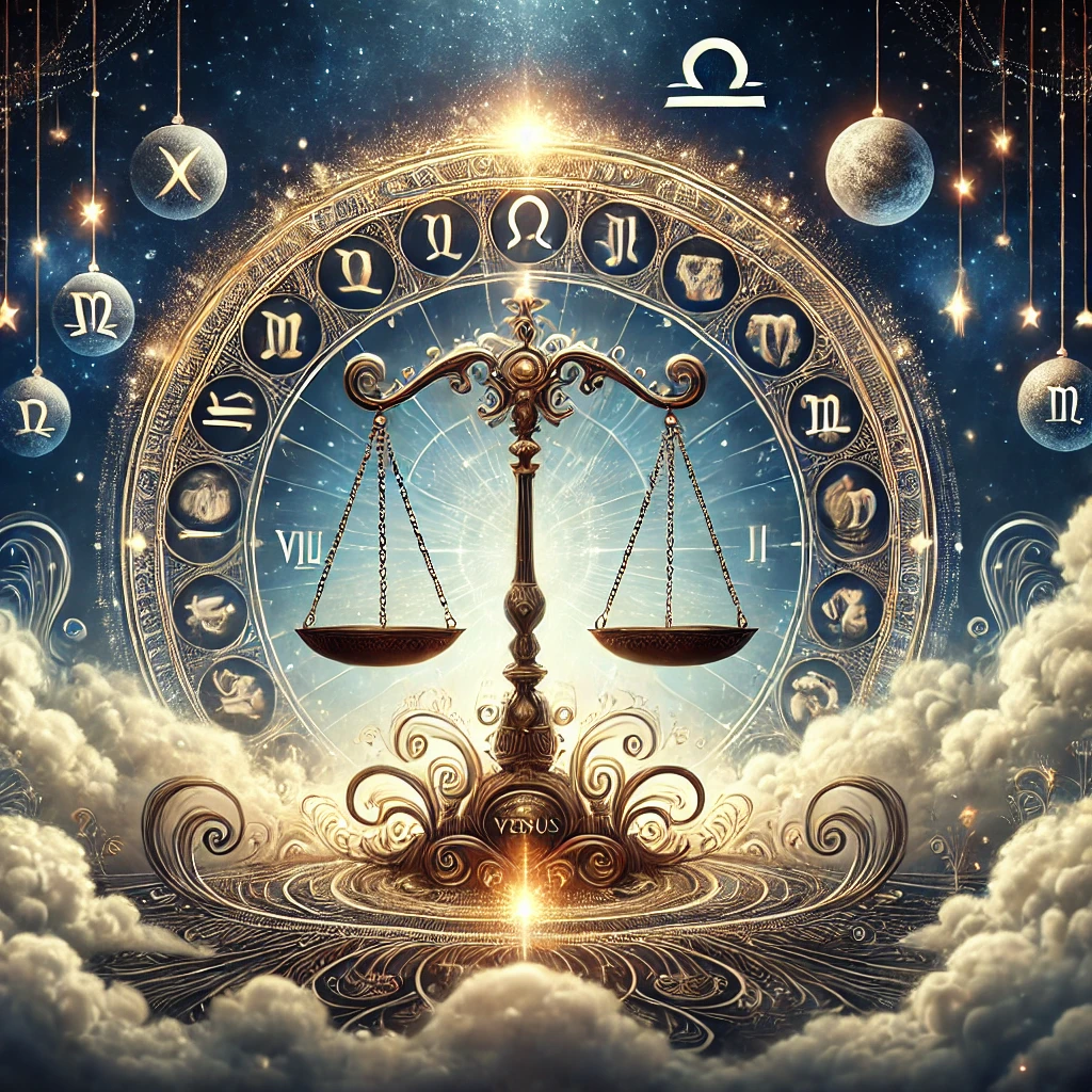 DALL·E 2024 12 10 02.05.44 A detailed representation of the Libra zodiac sign featuring balanced scales as the centerpiece surrounded by a celestial background filled with sta