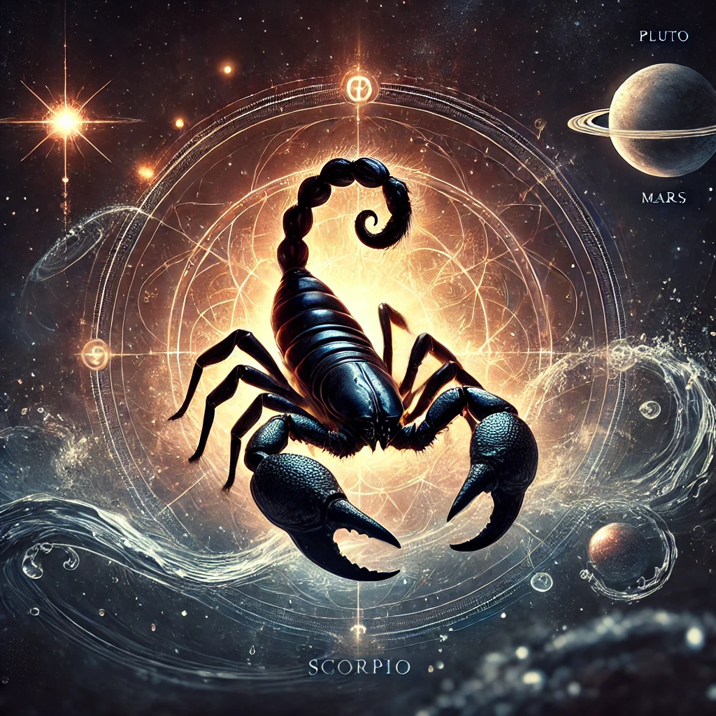 DALL·E 2024 12 10 02.08.54 An astrology themed image representing Scorpio zodiac sign. A dark background filled with stars with a central scorpion figure illuminated by a mysti