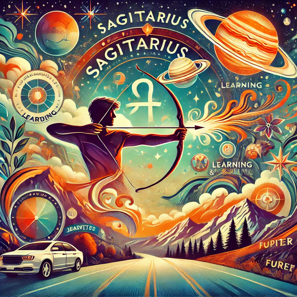 DALL·E 2024 12 10 02.12.51 An artistic representation of Sagittarius zodiac traits focusing on themes like adventure freedom and positivity. The image features a vibrant and