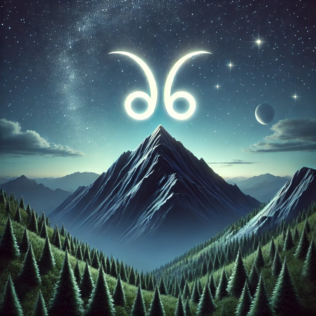 DALL·E 2024 12 10 02.15.20 A serene night scene depicting a Capricorn zodiac symbol stylized goat horns glowing on a mountain peak under a starry sky. The mountain symbolizes 