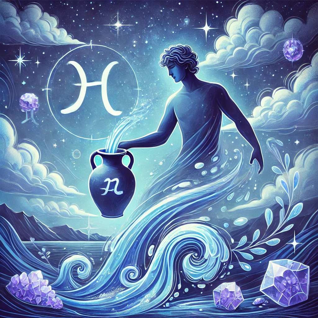 DALL·E 2024 12 10 02.17.41 An illustration representing Aquarius zodiac sign  A serene and mystical scene with an electric blue toned sky as the background. A figure holding a w