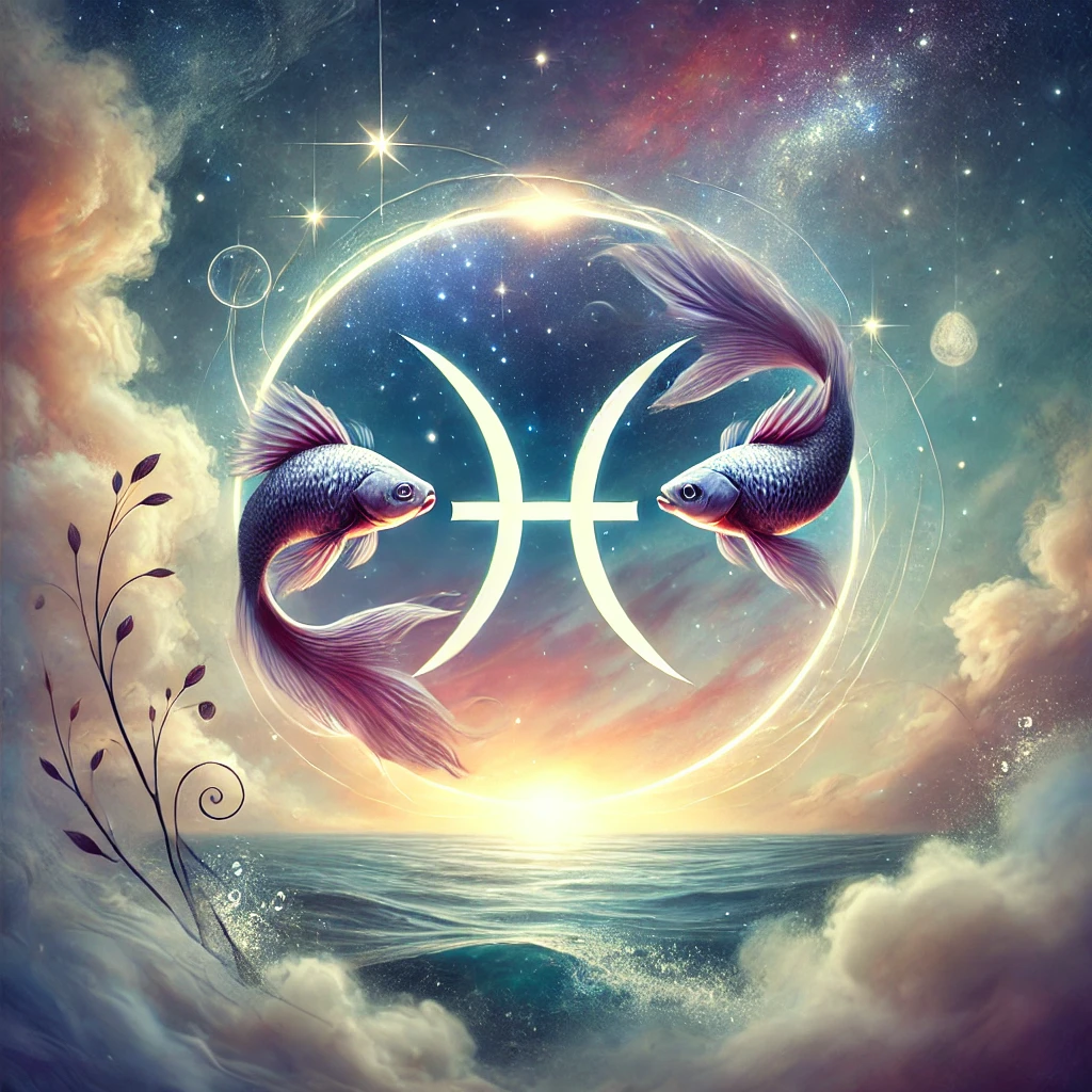 DALL·E 2024 12 10 02.19.24 A mystical depiction of Pisces zodiac sign with two fish swimming in a starry zodiac circle surrounded by an ocean under moonlight. The background fe