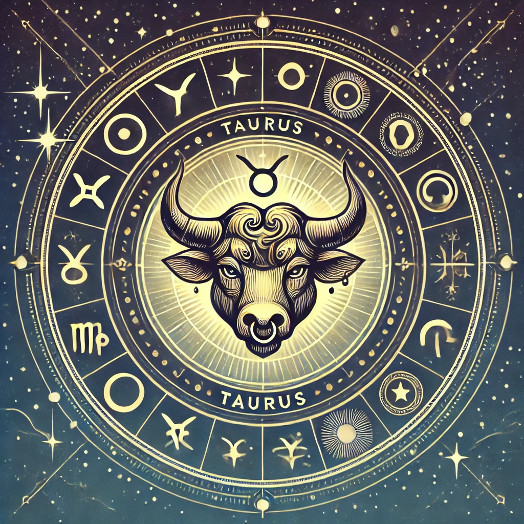 DALL·E 2024 12 10 10.44.48 A celestial themed illustration focusing on Taurus featuring a prominent bull head symbol in the center. Surrounding it are other zodiac symbols in a