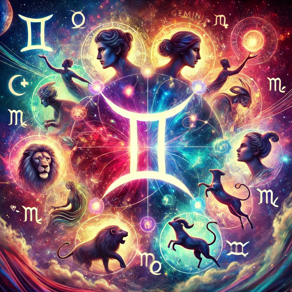 DALL·E 2024 12 10 10.47.13 A vibrant and dynamic illustration depicting the Gemini zodiac sign surrounded by representations of all 12 zodiac signs Aries Taurus Cancer Leo