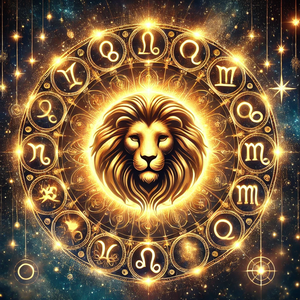 DALL·E 2024 12 10 11.24.38 A mystical astrology themed artwork featuring a starry night sky with a prominent Leo zodiac symbol in the foreground. The Leo symbol is glowing in go