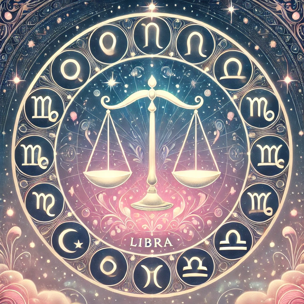 DALL·E 2024 12 10 11.26.15 A mystical astrology themed artwork featuring a starry night sky with a prominent Libra zodiac symbol in the foreground. The Libra symbol is glowing s