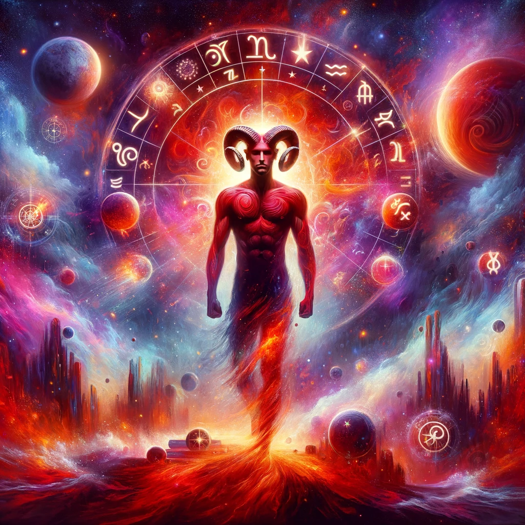 DALL·E 2024 12 10 11.54.01 A mystical and artistic depiction of the zodiac sign Aries focusing on an energetic and ambitious male figure representing Aries characteristics. The