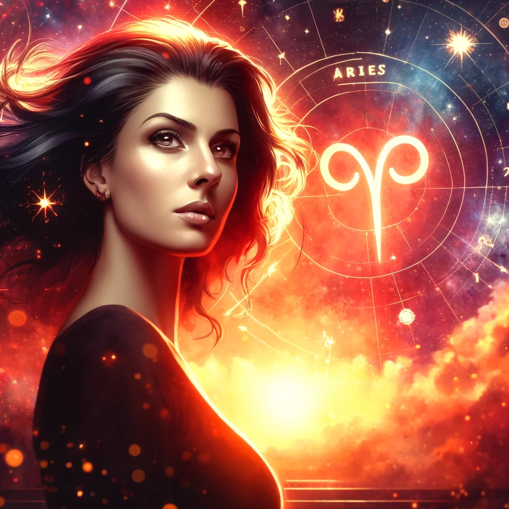 DALL·E 2024 12 10 11.57.15 A powerful and confident woman representing the Aries zodiac sign standing under a vibrant night sky filled with stars and zodiac constellations. The