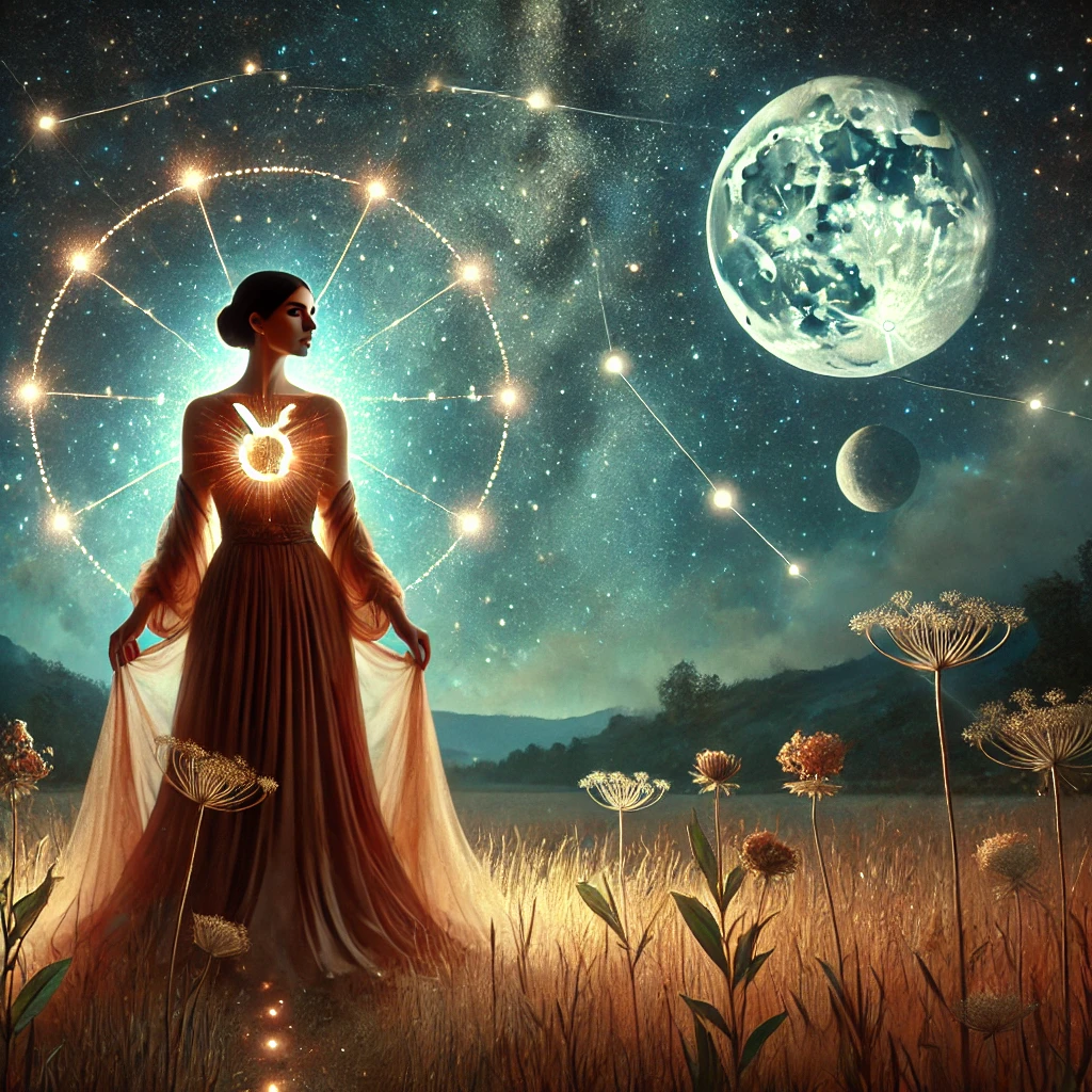 DALL·E 2024 12 10 12.04.16 A mystical and artistic representation of a Taurus woman standing under a starry night sky. She is elegantly dressed in flowing earthy tones with the