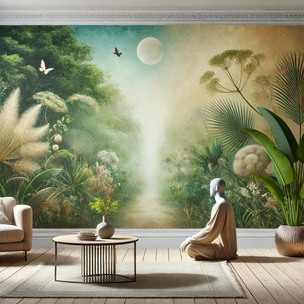 DALL·E 2024 12 10 13.00.29 A calm and serene individual in a natural and artistic environment with lush greenery and elegant decor. The scene emphasizes tranquility beauty an