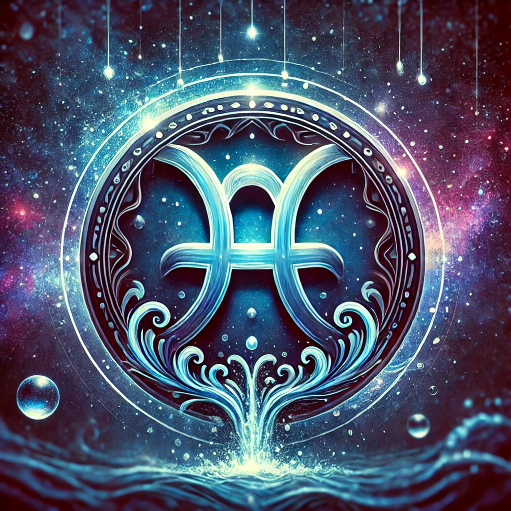 DALL·E 2024 12 10 13.24.25 A symbolic representation of the Aquarius zodiac sign featuring its traditional water bearer symbol set in a cosmic and zodiac themed design. The bac