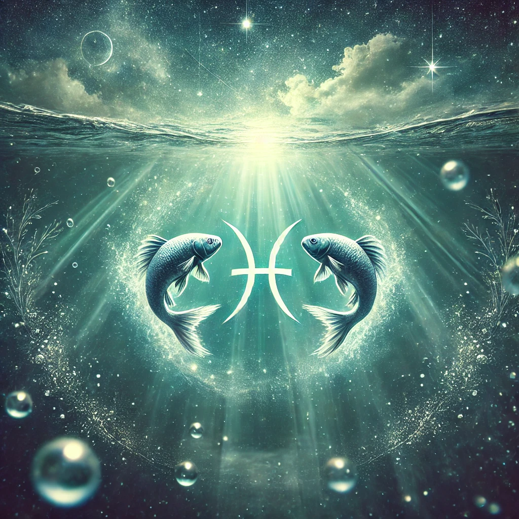 DALL·E 2024 12 10 13.25.54 In a serene mystical underwater setting two fish representing the Pisces zodiac symbol swim in a graceful circular motion surrounded by sparkling w