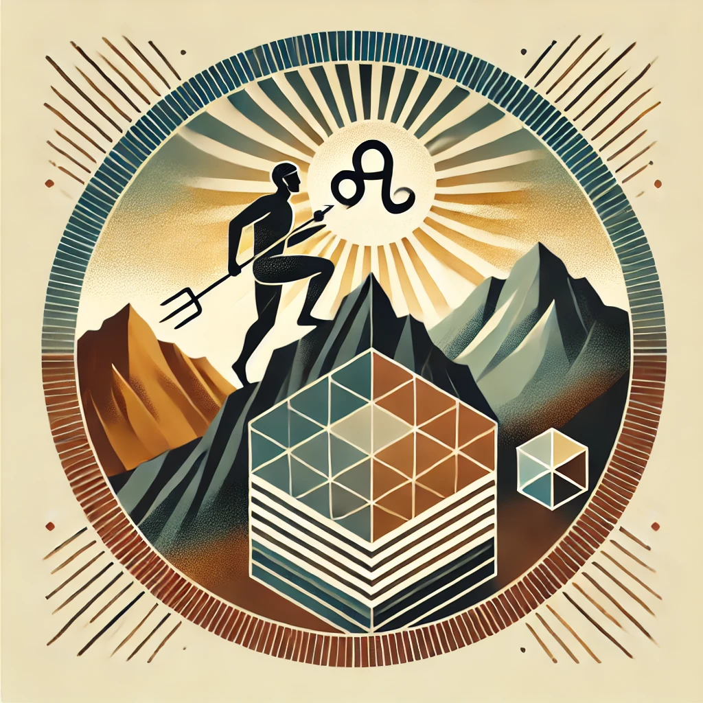 DALL·E 2024 12 10 13.35.40 A depiction symbolizing the qualities of Capricorn ascendant. A figure climbing a mountain peak standing confidently on solid ground surrounded by g