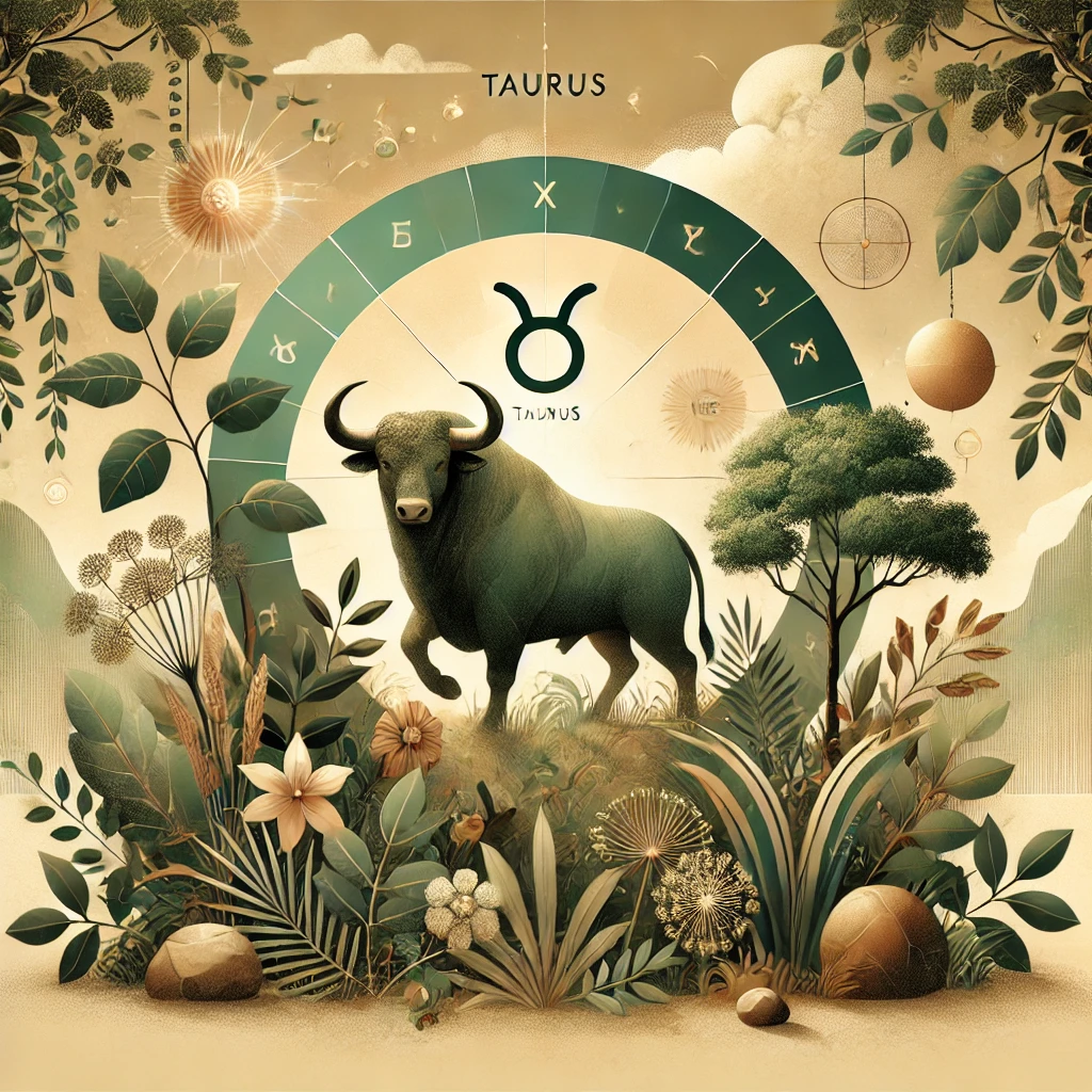 DALL·E 2024 12 10 13.40.34 A serene and harmonious depiction of Taurus represented by the Earth element in astrology. The illustration features earthy tones including green an