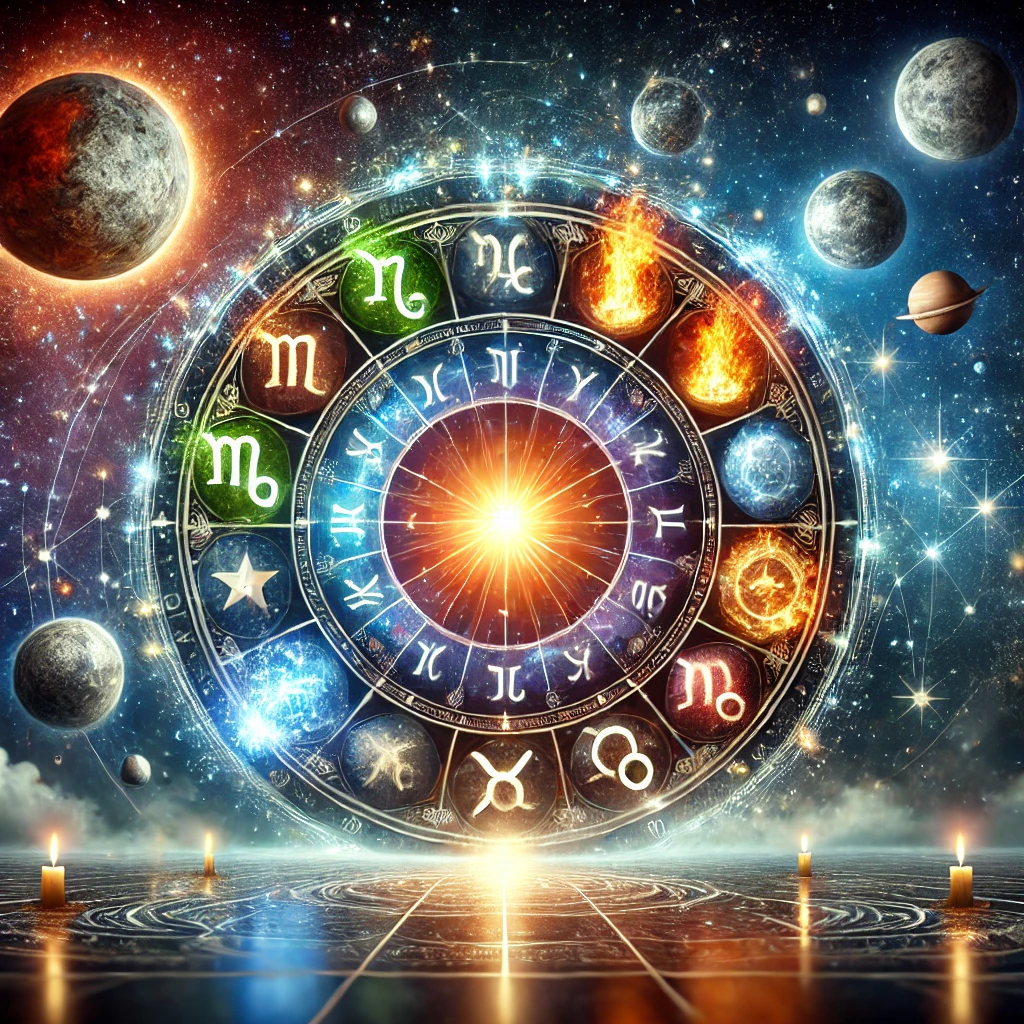 DALL·E 2024 12 10 14.32.32 A mystical and cosmic scene representing astrology  A zodiac circle with symbols of all 12 signs surrounded by colorful elemental icons fire earth