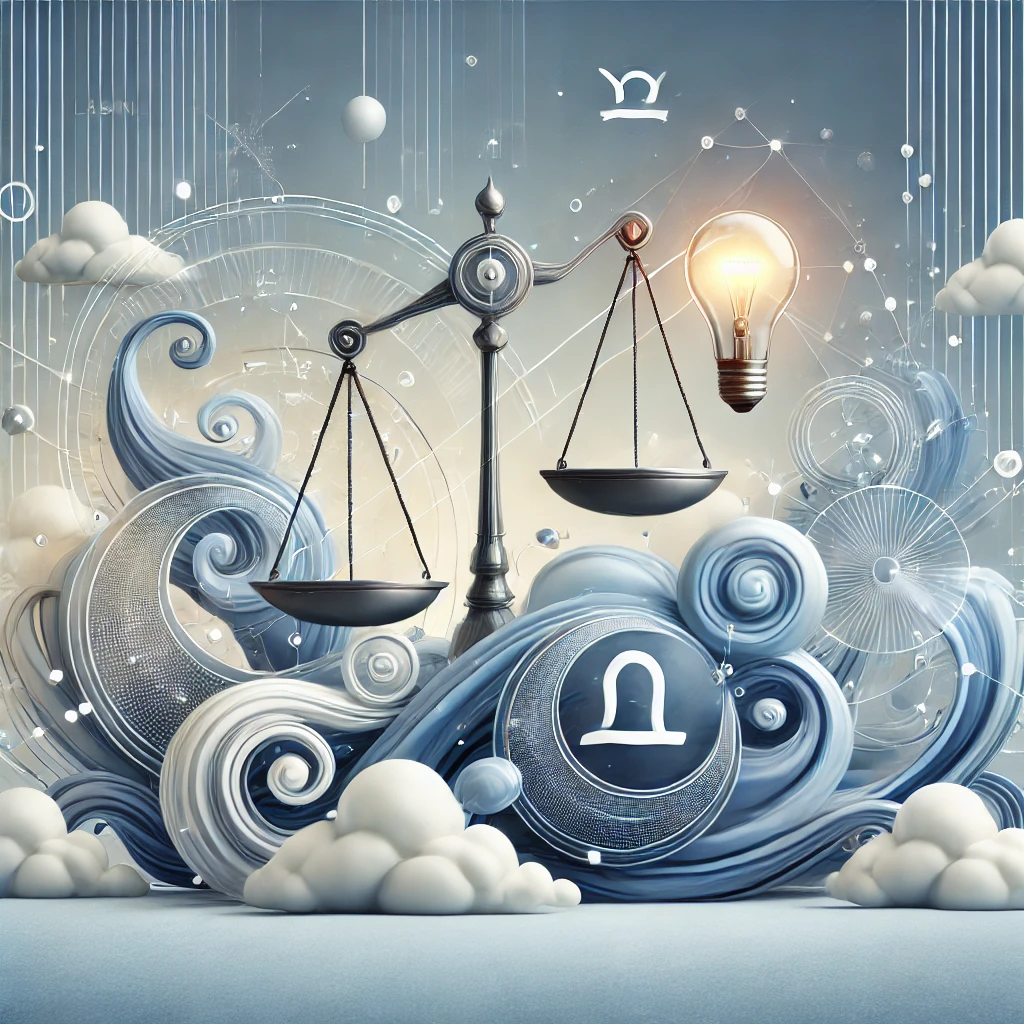 DALL·E 2024 12 10 15.08.43 An artistic representation of the air zodiac signs Gemini Libra Aquarius featuring their astrological symbols. The scene includes a serene sky bac