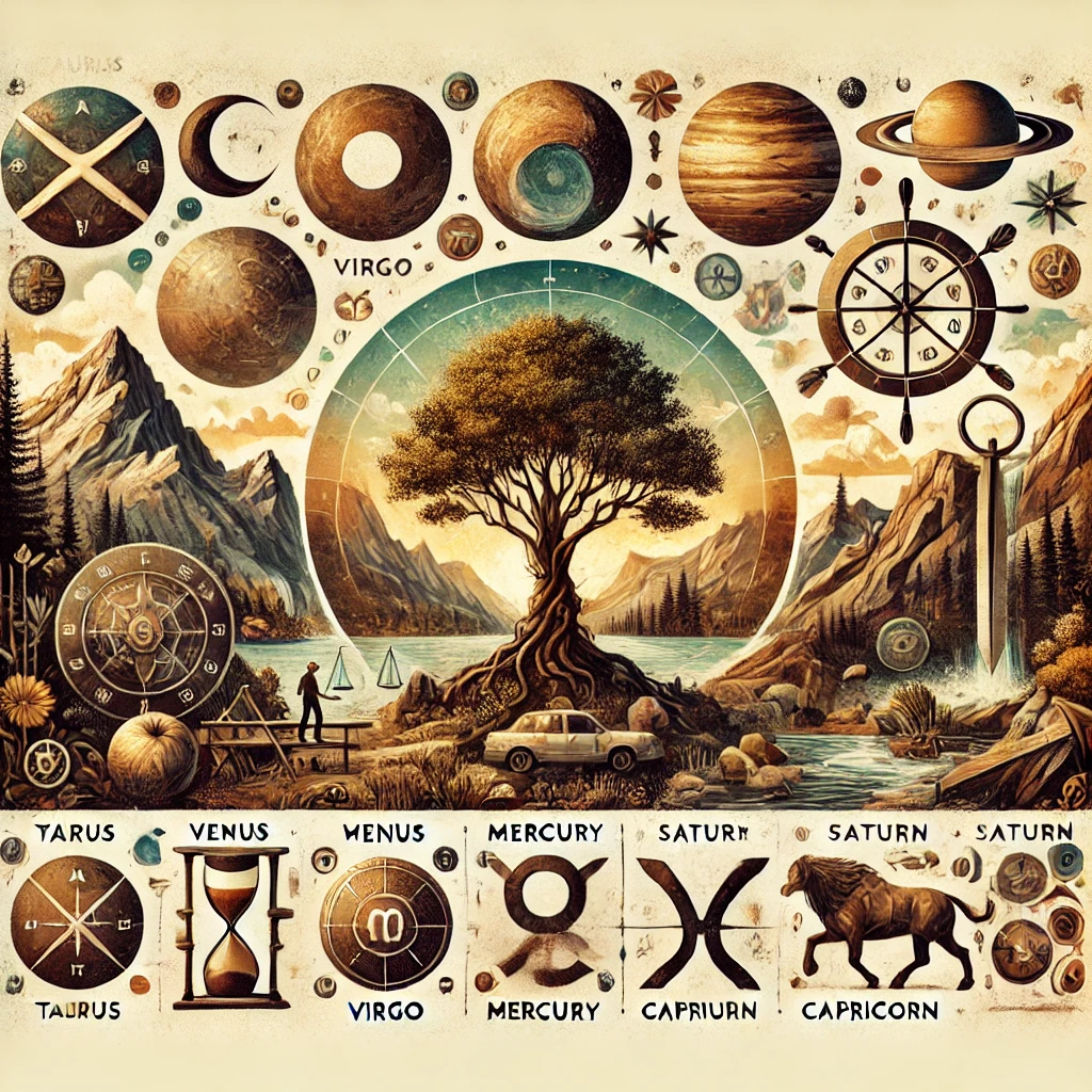 DALL·E 2024 12 10 15.25.40 A visually rich and detailed illustration representing the characteristics of Earth signs in astrology Taurus Virgo Capricorn. The image should in