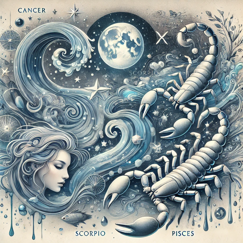 DALL·E 2024 12 10 15.26.37 A detailed and artistic illustration capturing the essence of Water signs in astrology Cancer Scorpio Pisces. The image should feature symbolic el