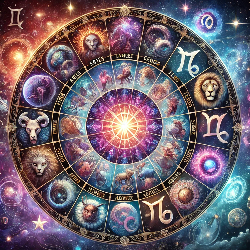 DALL·E 2024 12 10 15.53.51 A visually captivating astrological zodiac wheel with all 12 zodiac signs represented in a circular layout. Each sign is depicted with its unique symb